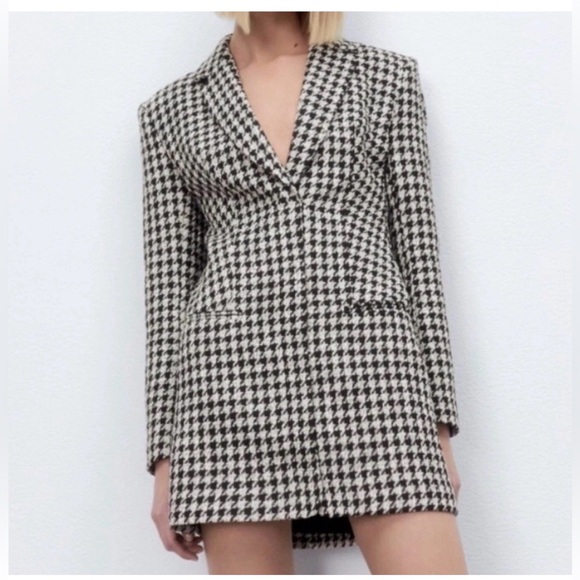 Zara Houndstooth Blazer Mini Dress Tailored Welt Pocket Sz S Retro Glam Core - Picture 2 of 16